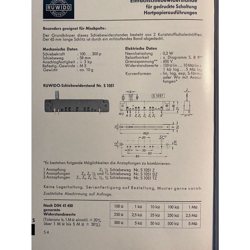 RUWIDO S1051 slide potentiometer mono 100K lin. pcb mount