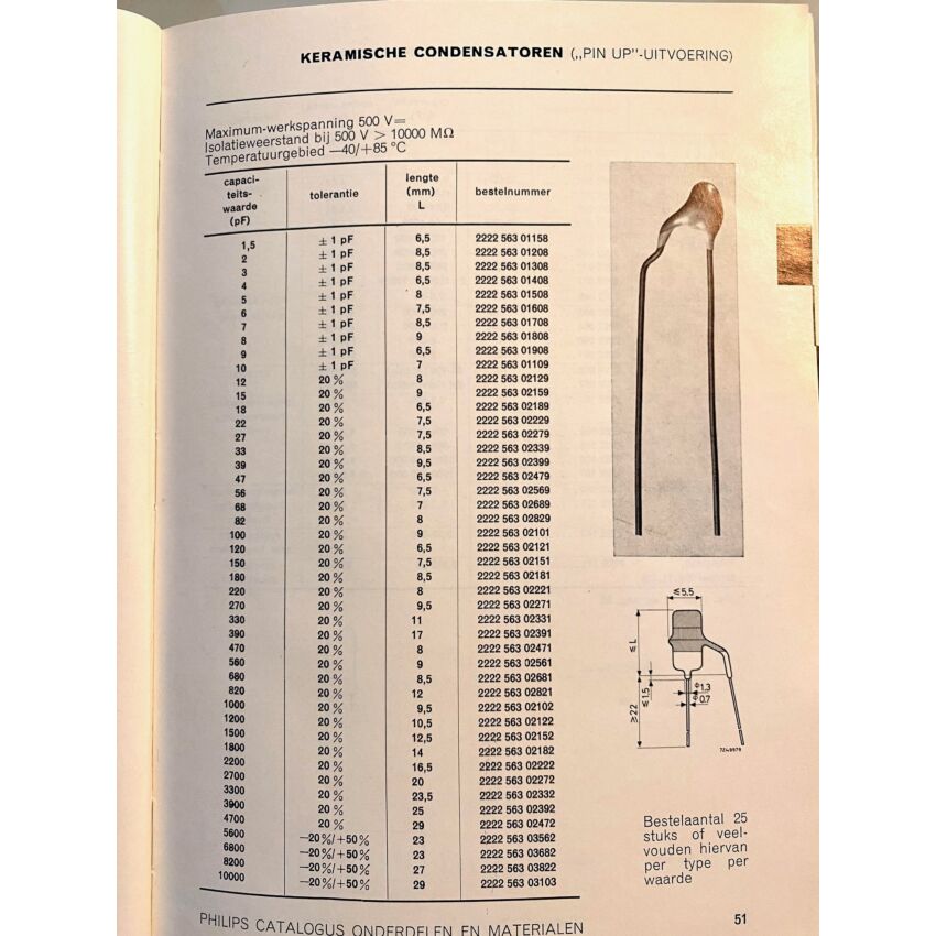 Philips 563 series ceramic capacitor ( pin up ) 500 VDC 1,5pF - 10nF