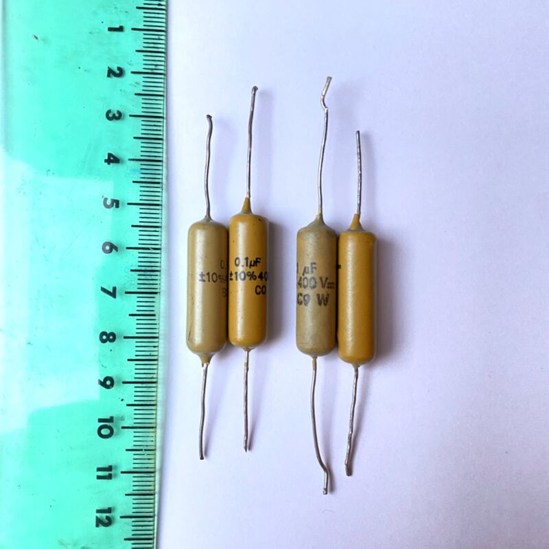4x Philips 311 (mullard C296) Mustard Caps (PETP) - 400V d.c. - 0,1 uF ( 100nF ) (used)